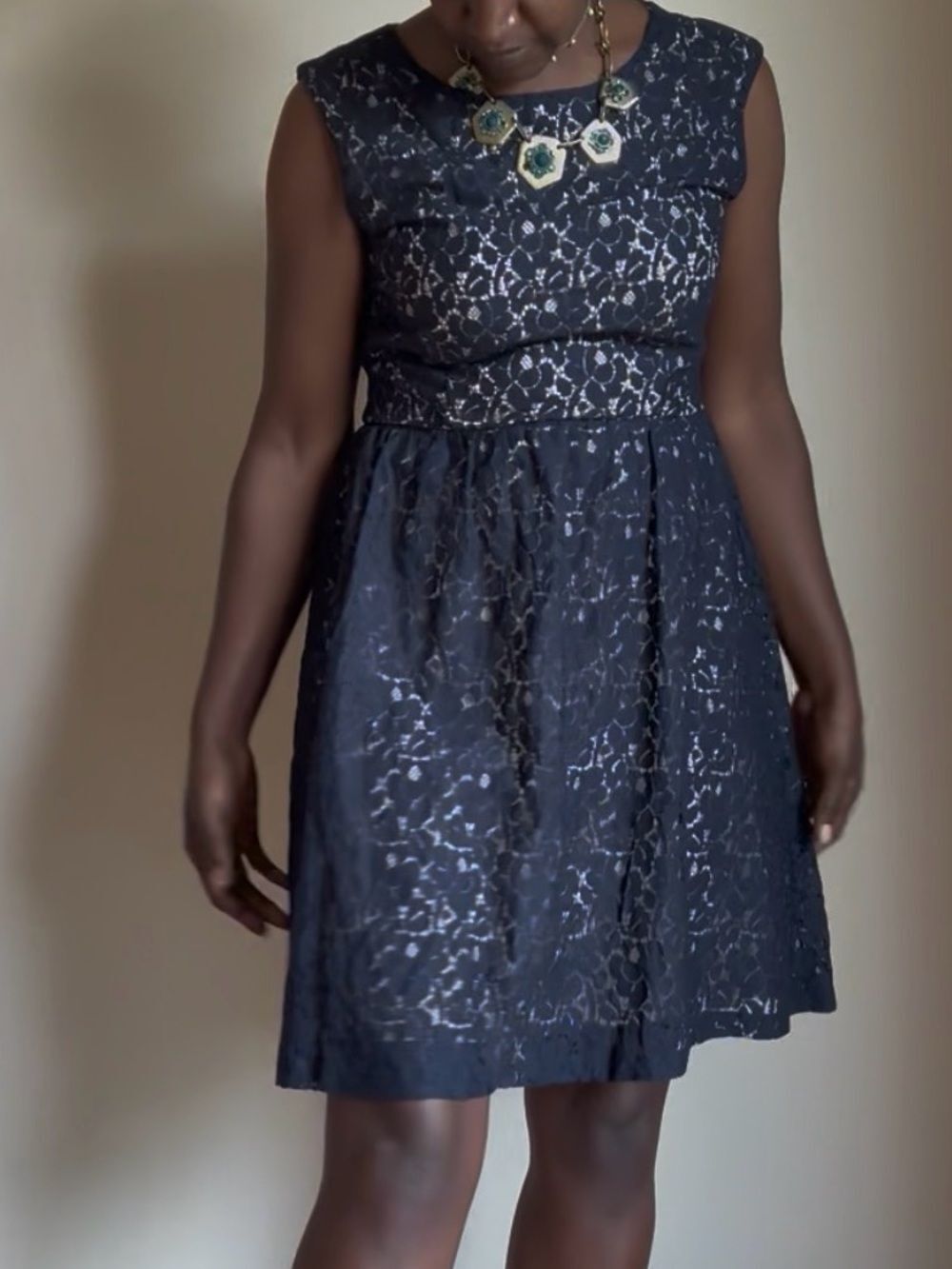 Enfocus Studio Navy and Beige Lace Asymmetrical Dress